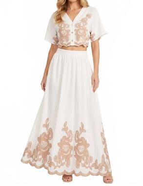 NEW CHICWAYS embroidered two-piece maxi skirt set in khaki